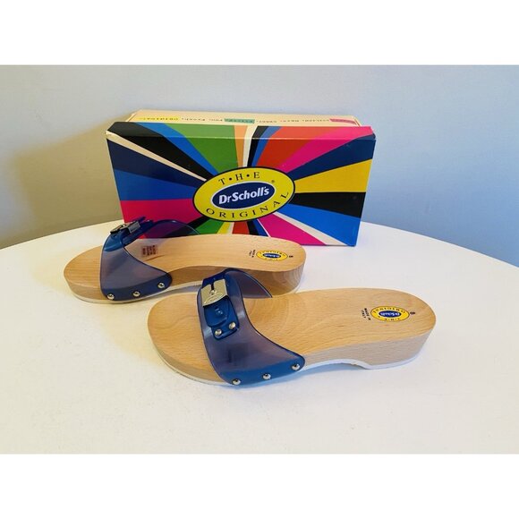 Dr Scholls Women Size 8 M Wood Exercise Clog Sandal Blue Vinyl Slide Shoe New - Picture 5 of 12
